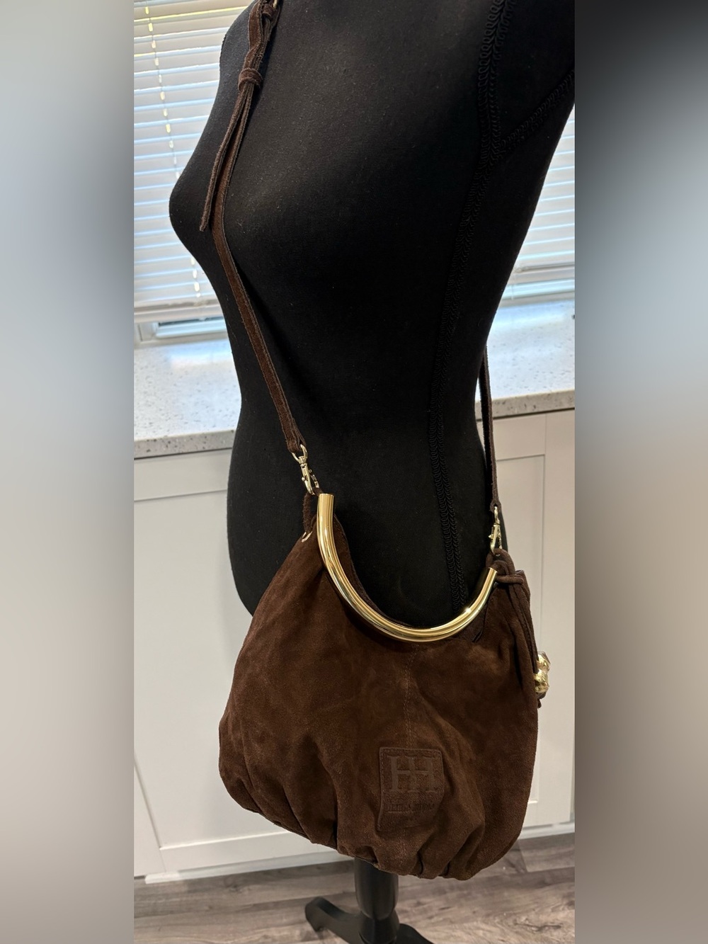NWT Haute Hippie Brown Suede Hobo Bag/Crossbody with Gold Arched Handle - Picture 16 of 16
